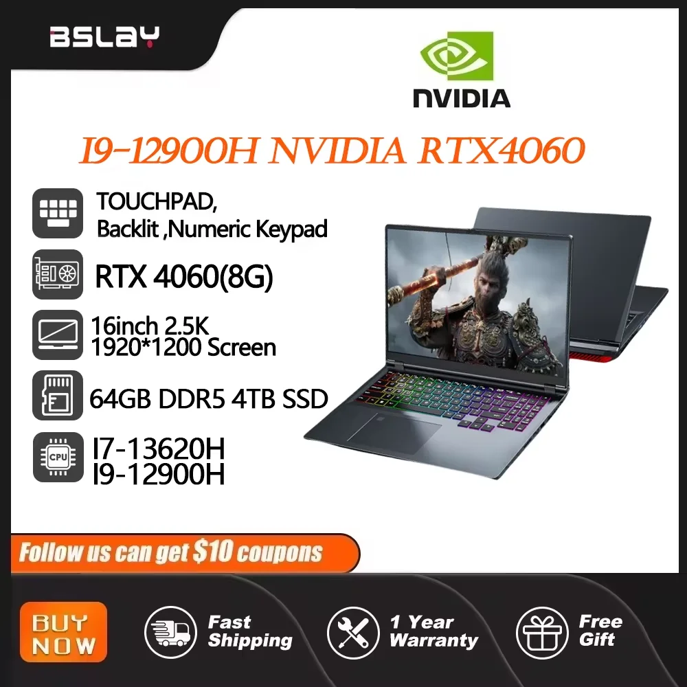 휴대용 게이밍 노트북, 인텔 코어 i9-12900H, NVIDIA RTX 4060, 8G, 64GB RAM, 4TB SSD, DDR5, 윈도우 11, HD 카메라, WiFi6, 16 인치