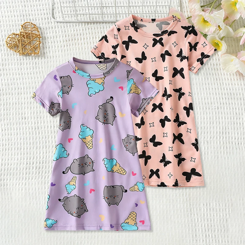 Summer Girl Sweet and Cute Dress, Fashionable and Versatile Round Neck Print Knee Length Skirt, Comfortable and Soft Home Skirt