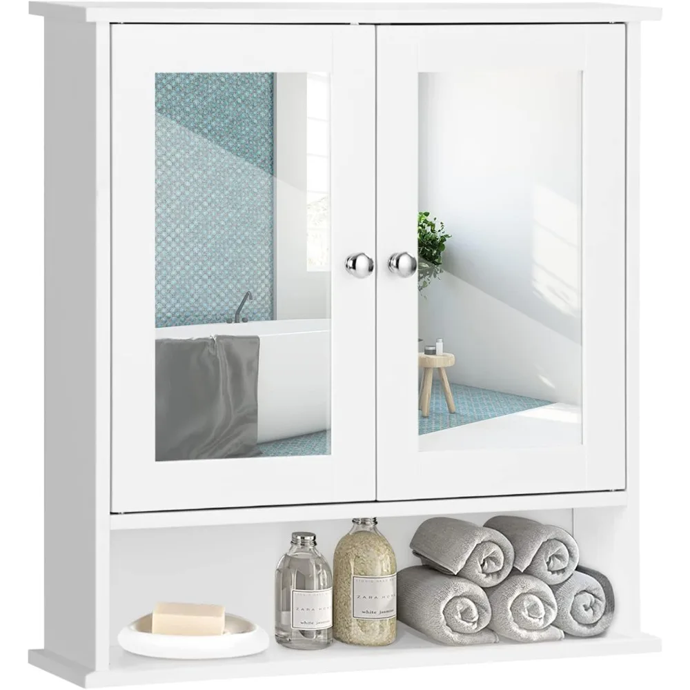 

Bathroom Cabinet Wall Mount, Wooden Medicine Cabinet with 2 Mirror Doors, Adjustable Shelf, Open Compartment, for Laundr