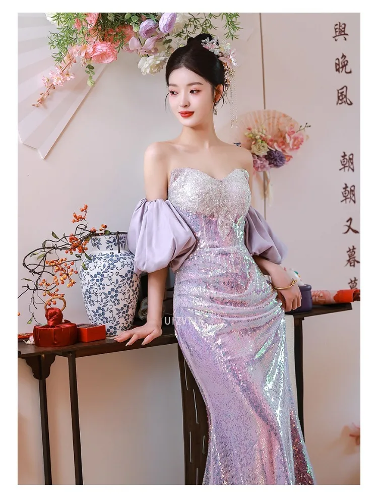 스팽글 인어 긴 이브닝 드레스 여성 우아한 오프 숄더 퍼프 슬리브 백리스 웨딩 파티 드레스 Vestidos De Noche