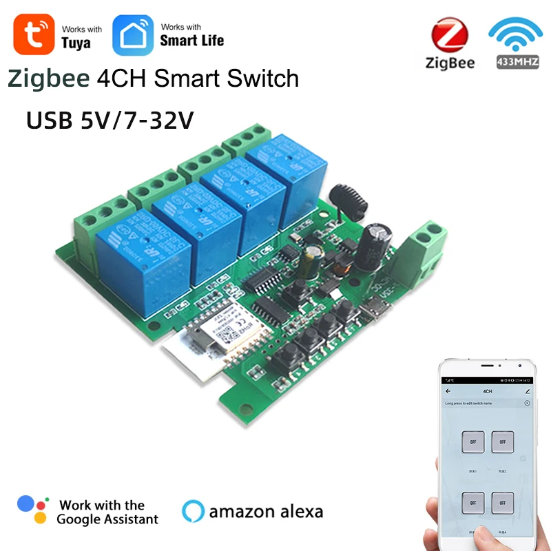 Zigbee Tuya Smart Life 4CH Motor Controller Switch,DC 12V 24V 32V 4 Channel Inching Relay,2MQTT Bridge Gateway Hub RF433 Remote