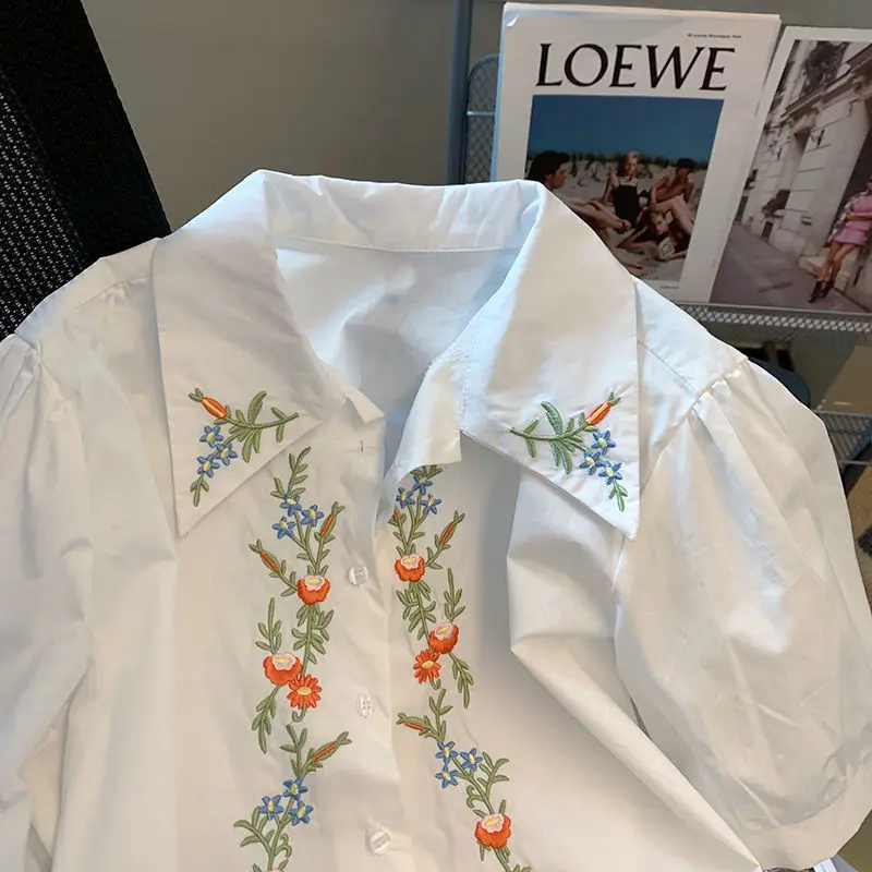 Shirts Women Embroidery Floral Simple Casual All-match Puff Sleeve Chic Elegant Korean Fashion Trendy Top Summer Thin New Female