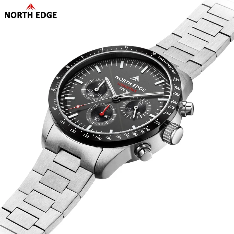 

Stainless Steel Solar Quartz Watch for Men, Three-eye Chronograph Analog Luminous Waterproof Wristwatch