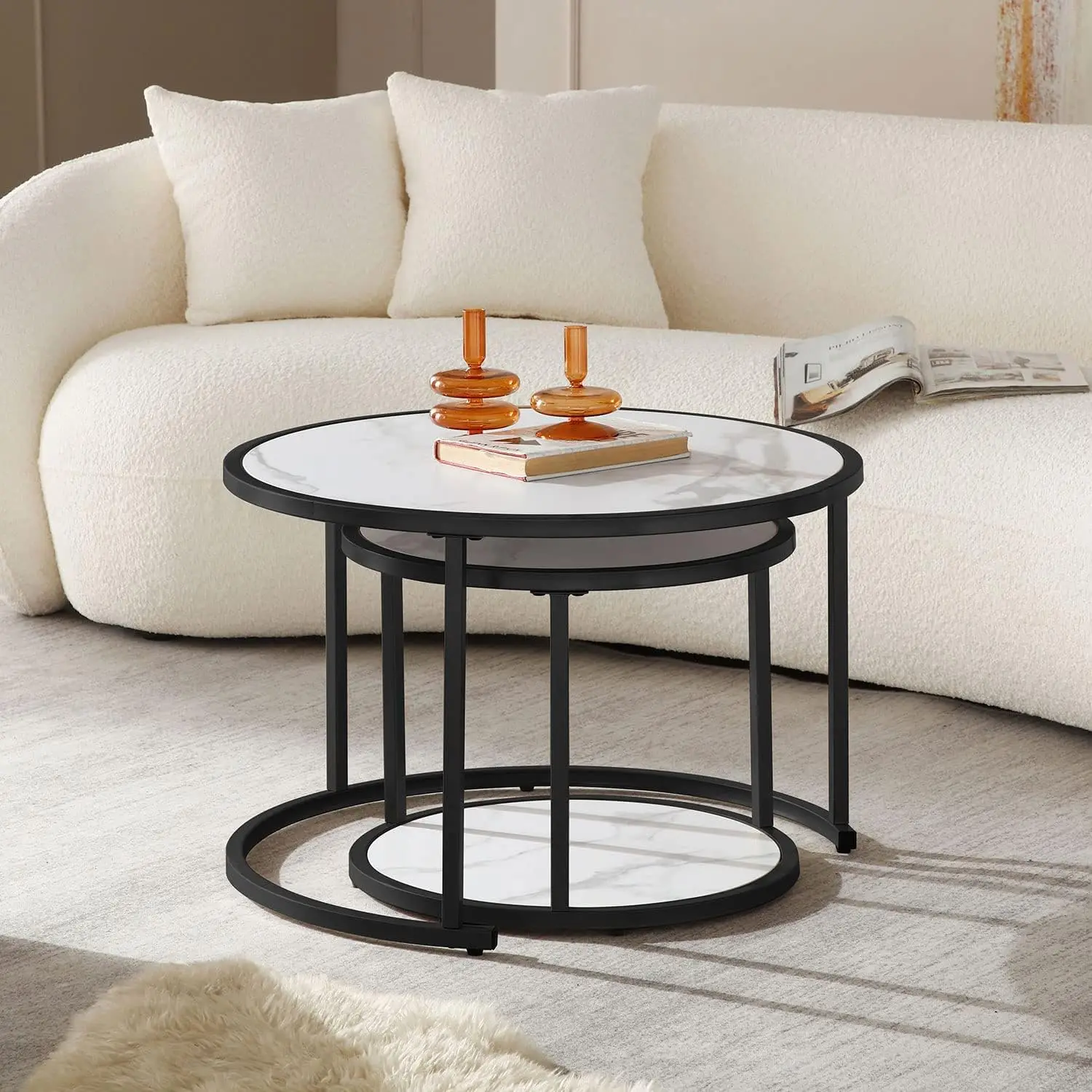 Round Coffee Table For Living Room, Marble Nesting Table Set Of 2 With Marble Wooden Top And Metal Frame - Black Frame