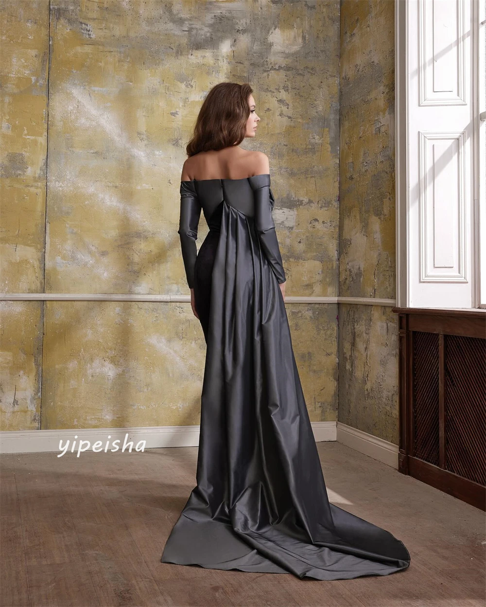 Exquisite Sparkle High Quality Jersey Bow Draped Pleat Birthday A-line Off-the-shoulder Bespoke Occasion Gown Long Dresses