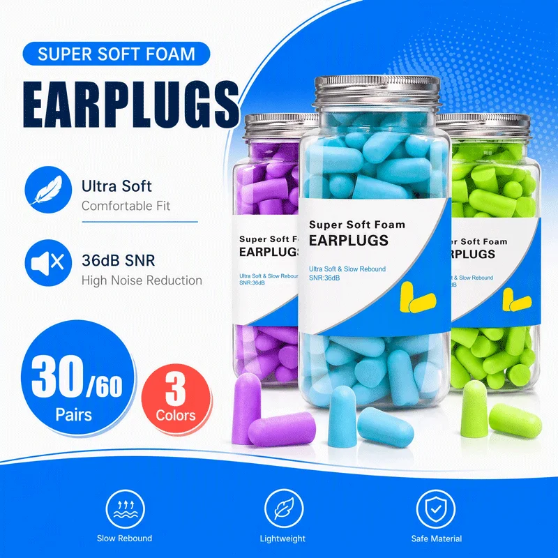 Ultra Soft Foam Ear Plugs, 36dB Sound Isolation Earplugs, Ideal for Night Sleeping, 30 & 60 Pairs Selection
