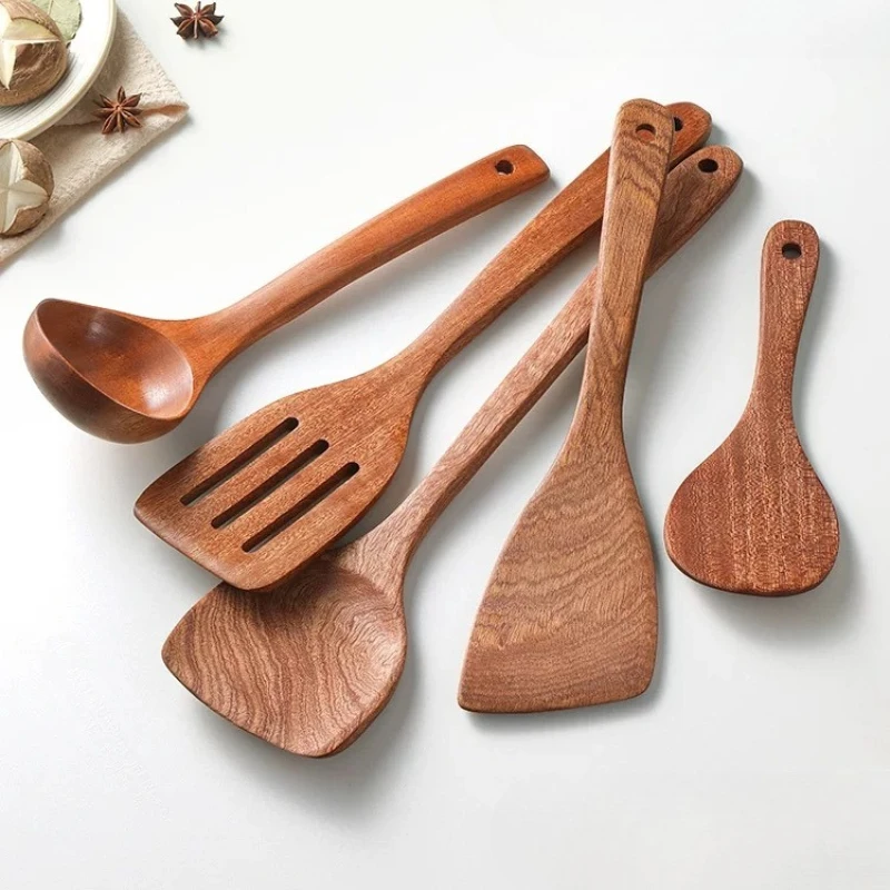 Espátula de madera de ébano para uso doméstico, olla antiadherente, espátula para freír resistente a altas temperaturas, juego de utensilios de cocina con cucharón de madera