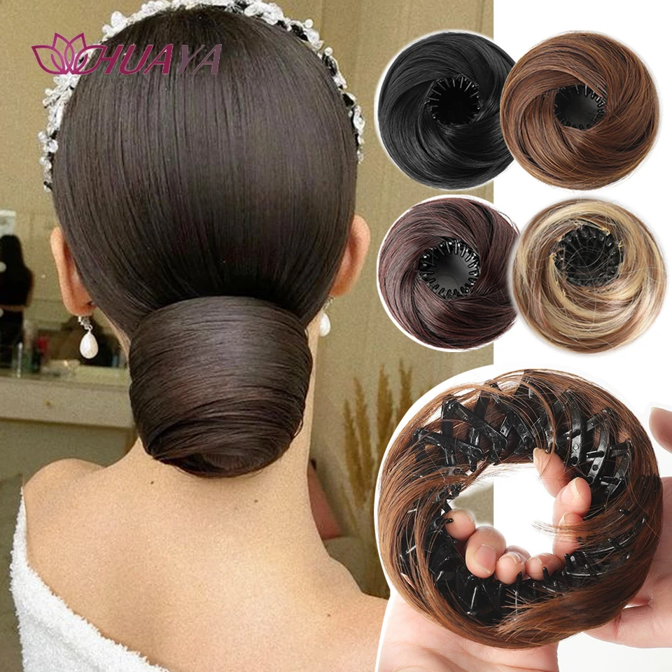 Magic Synthetic Hair Bun With Circle Elastic Clips Straight Donut Updo Hair Wig Bird's Nest Shaped Retractable Hairpieces