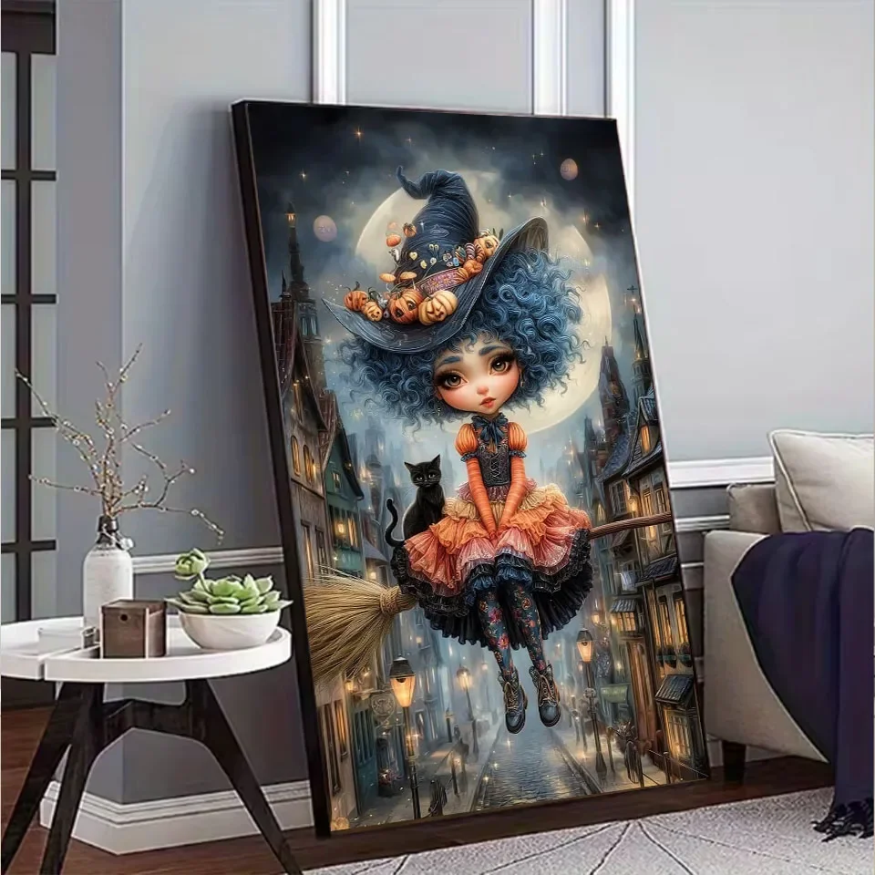 Large Size Diamond Art Kits for Cartoon Witch Girl, Full Round Square DIY 5D Diamond Painting Kit for Beginners,Home Decr Gift,