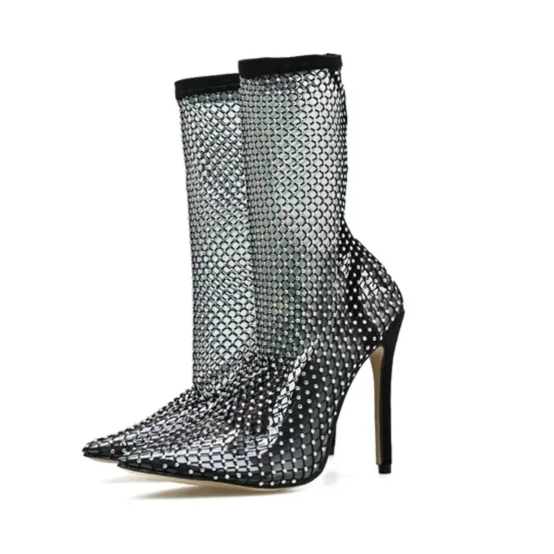 

Sexy Sock Boots Women Ankle Boots Heel Shoe Pointed End Stilettos High Heel Cut-Out Mesh Booties Spring Slip-On Pumps