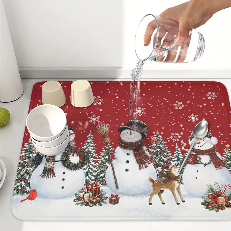 VIKAMA Red Christmas Snowflake Dish Drying Mat Quick Dry Non‑Slip Draining Pad Kitchen Sink Counter Home Decor