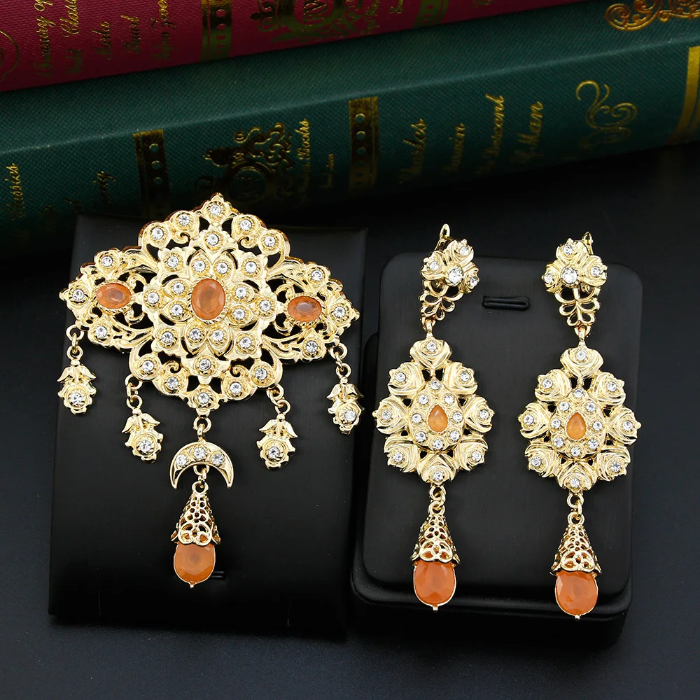 Sunspicems Fashion Women Brooch Morocco Bride Jewelry Muslim Brand Design Orange Crystal Gold Color Caftan Hijab Brooch Pin