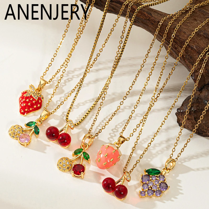 ANENJERY 316L Stainless Steel Cherry Strawberry Grape Pendant Necklace For Women Simple Neck Chain Fashion Jewelry Wholesale