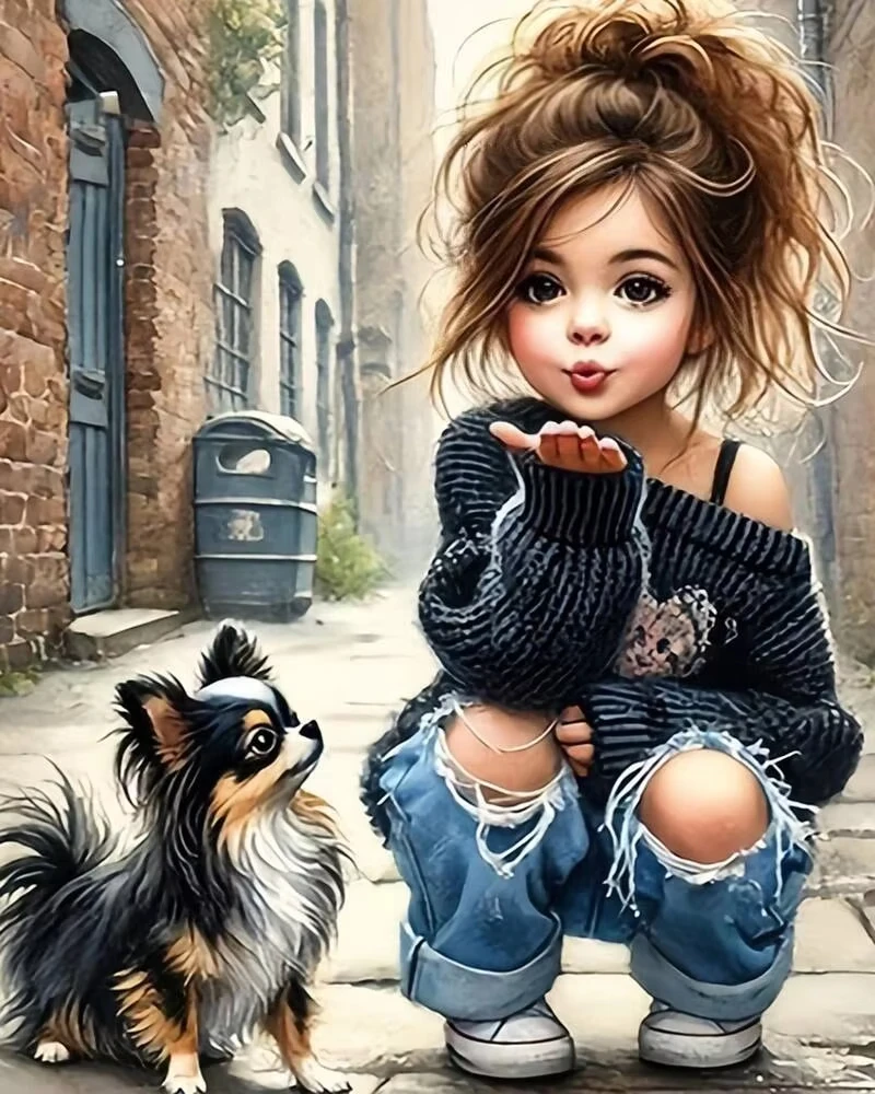 DIY Street Alley Maiden Chihuahua Diamond Painting, Vintage Brick Town Young Lady Puppy Casual Denim Portrait Wall Decor Gift