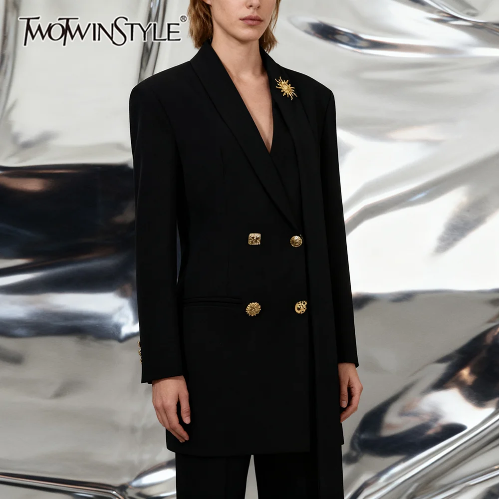 

TWOTWINSTYLE однотонные темпераментные пиджаки с металлическими пуговицами для женщин, модный женский пиджак с лацканами и длинными рукавами в стиле пэчворк с лентой