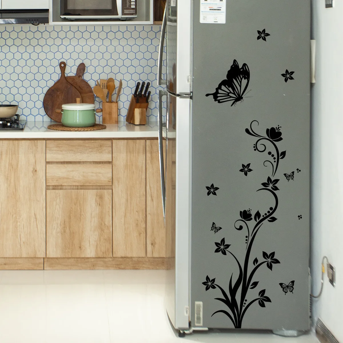30*90cm Black Flower Butterfly Wall Stickers Fridge Backwall Living Room Bedroom  Restaurant Decorative Mural Pvc Wall Stickers
