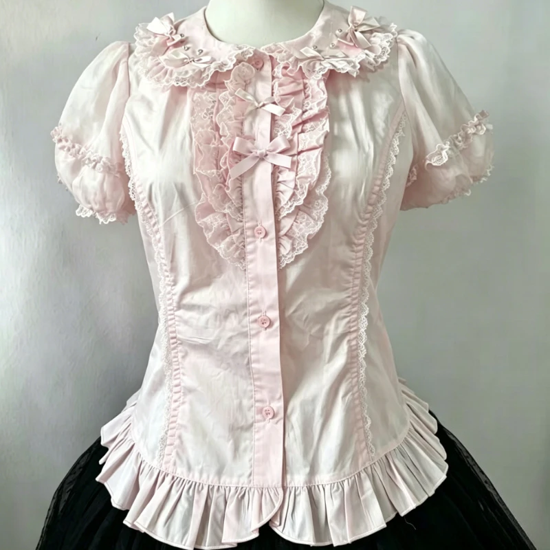 Cute Subcultural Lace Shirt Women Short Sleeve Bow Detail Lolita Style Button Blouse Y2K Aesthetic Girls Daily Fashion Tops