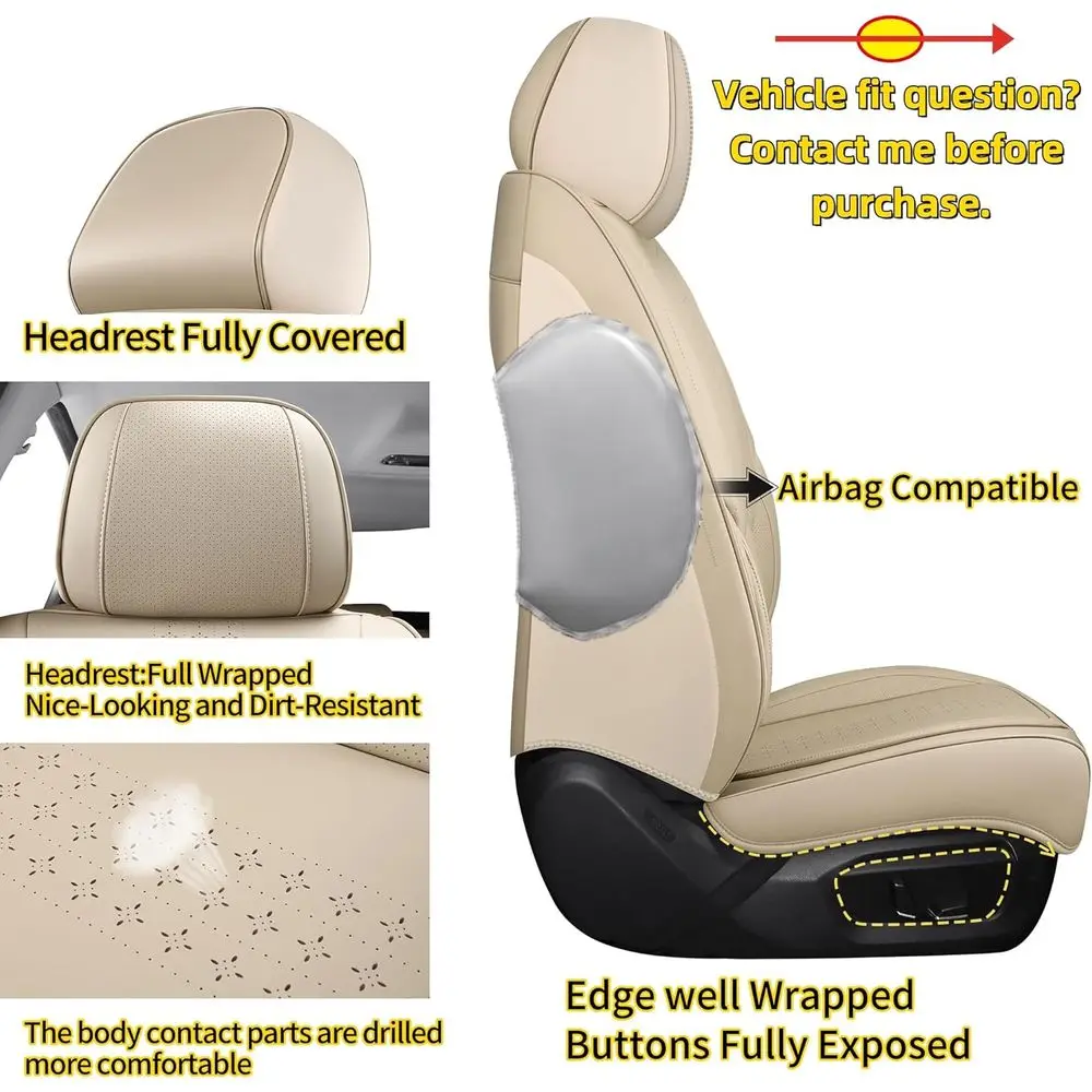 زوج من أغطية مقاعد السيارة الأمامية باللون البيج، مناسب عالمي للسيارات وسيارات الدفع الرباعي وسيارات السيدان والشاحنات