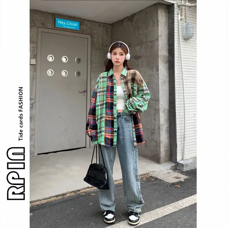 Personality Patch Plaid Shirts Women Men Oversized Harajuku Long Sleeves Tops High Street Chic Summer Simple College Blouse Coat