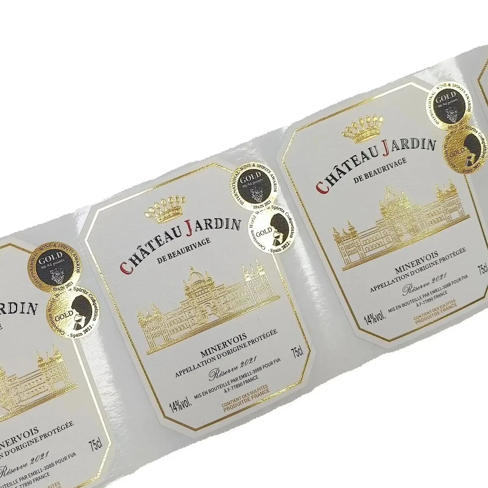Custom Logo Sticker Gold Foil Embossed Permanent Adhesive Waterproof Scratch-Off Paper Labels for Beer Whisky Red Wine Juice