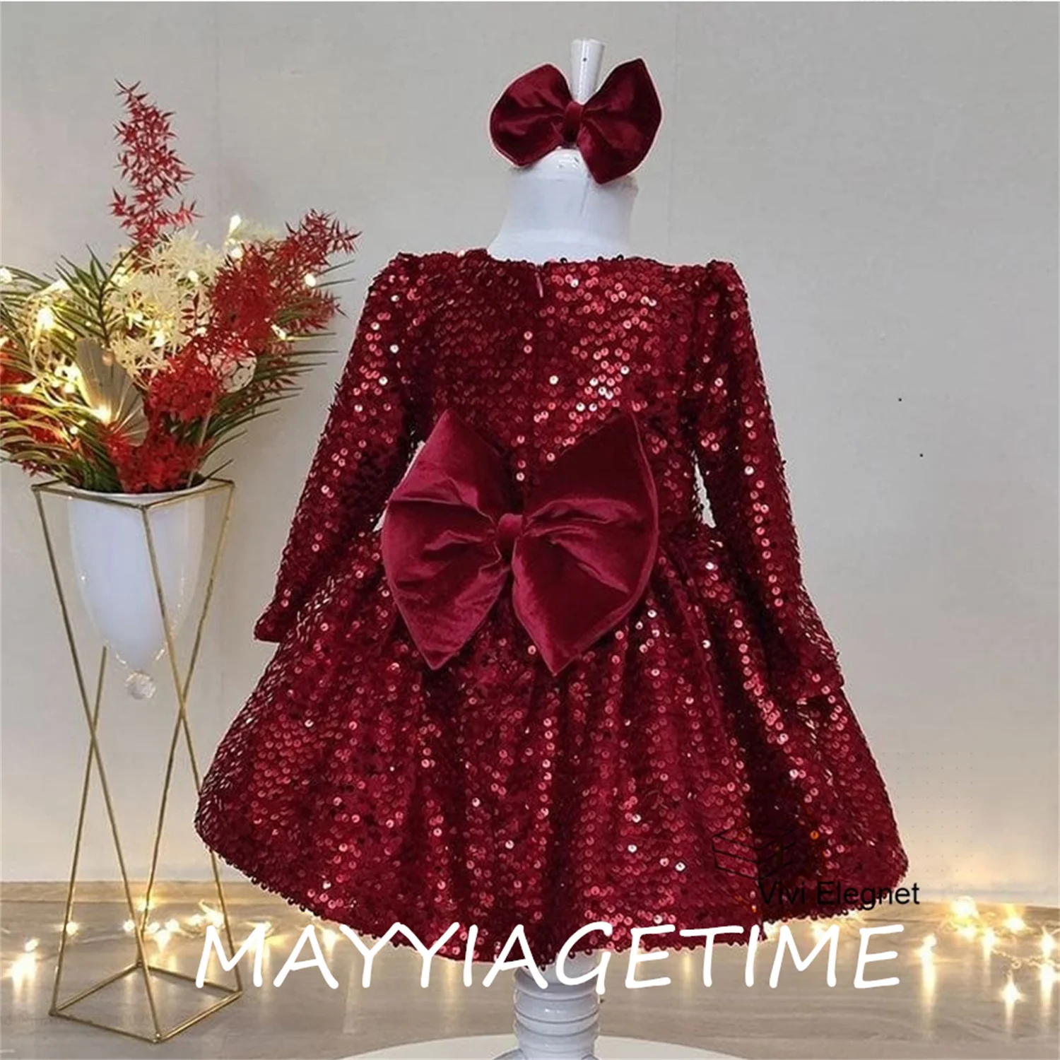 

High Quality New Burgundy Flower Girl Dresses for Baby Bitthday 2023 New Sequined Full Sleeve Wedding Party Gowns with Bow