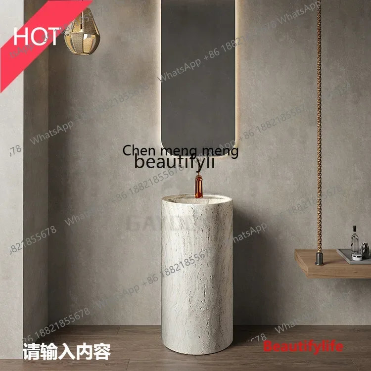 A32 cqyMedieval beige travertine round integrated forming floor washing hand washing face column basin villa hotel bathroom