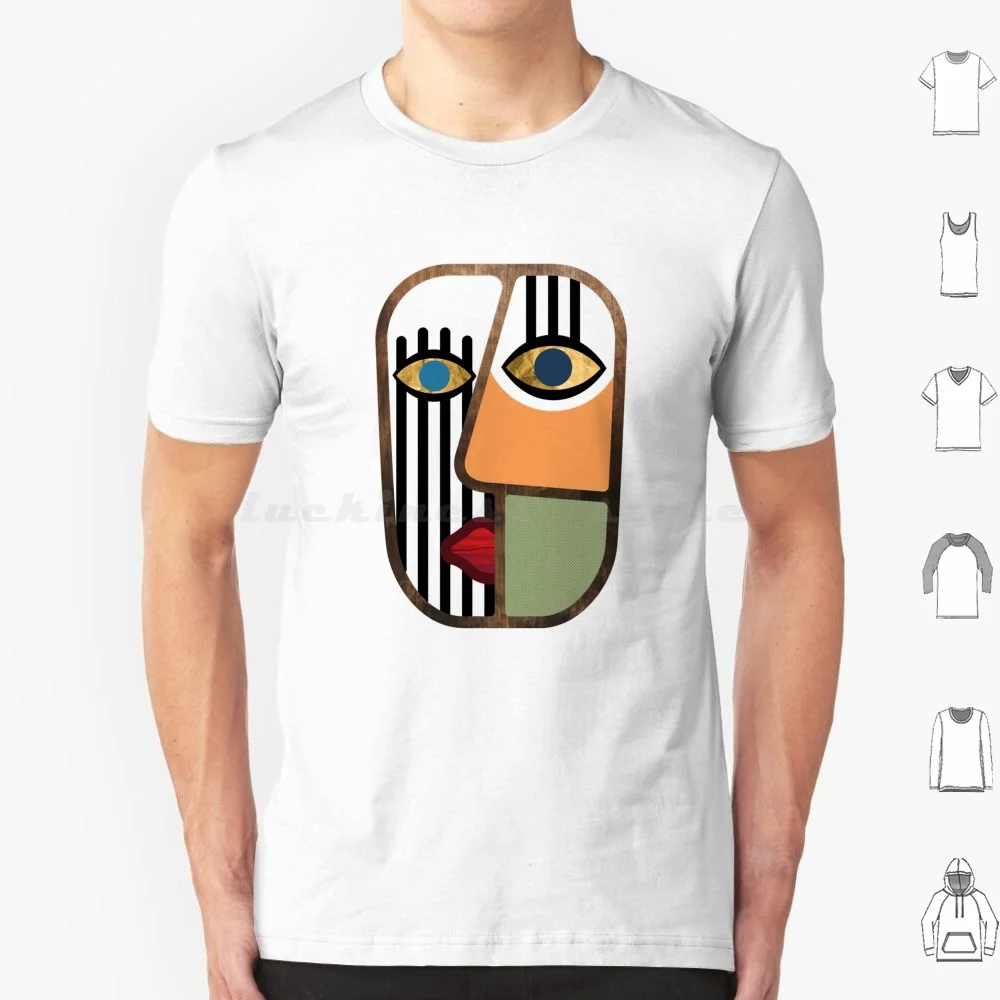 Abstract Cubism Mask T Shirt Big Size 100% Cotton Abstract Face Portrait Picasso Cubism Shapes Outlines Texture Wood Gold Foil