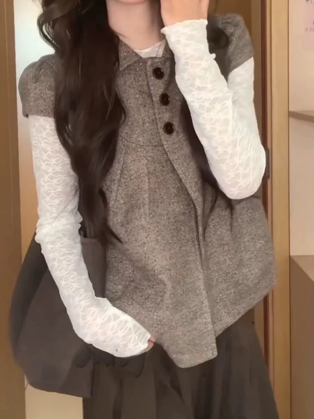 Korean Style College Girl's Doll Collar Lace Base Shirt Two-Piece Set Women's Autumn Layering High-End Feel Two-Piece Set