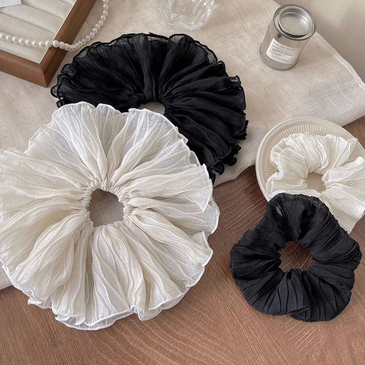 1pcs Double Fold Scrunchie Sweet Simple Fairy Large High Elastic Hair Tie Gauze Black White Ponytail Holder Hair Aaccessories