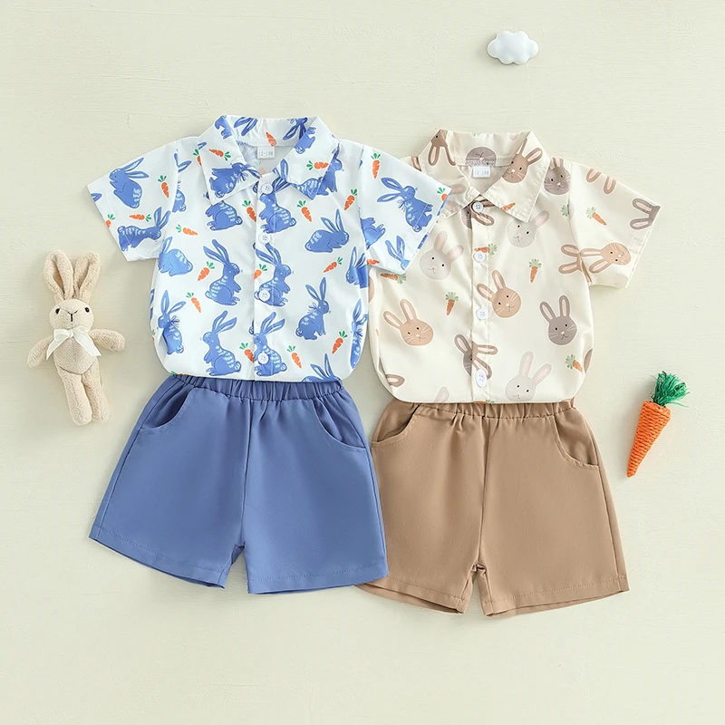 Tregren 1-5Y Toddler Boy Easter Shorts Set Bunny Carrot Print Short Sleeve Button Shirt with Pockets Shorts Kids Infant Clothes