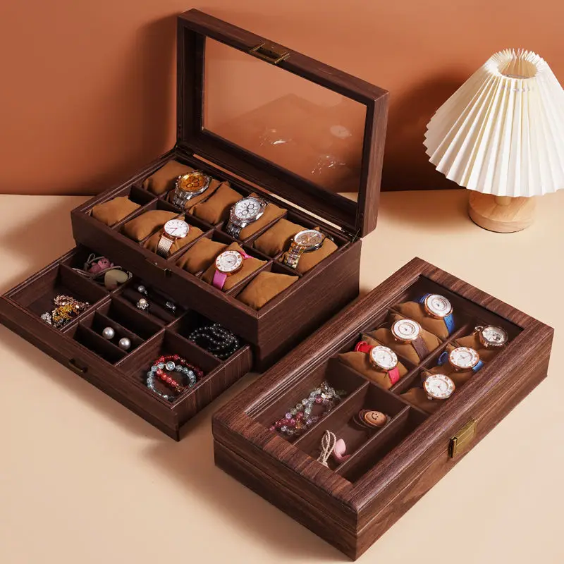DELESYS New Style Retro Wood Grain Leather Watch Box Brown Wood Grain PU  Dustproof Glass Display Clamshell Watch Storage Box