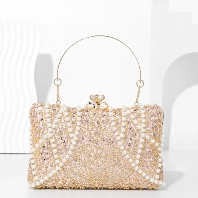 Luxury Diamond Pearl Embroidery Dinner Bag Ladies Clutch Bags Wedding/birthday/christmas Party Hand Bags Apricot Evening Purse