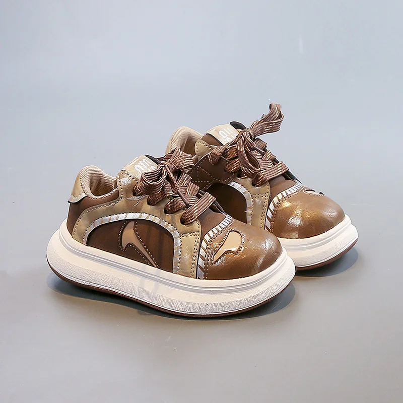 Kids Contrast Patch Skate Shoes Stitched Outline Logo Lace Up Thick Platform Sole Non Slip Casual Walking Footwear