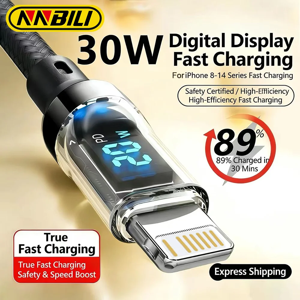NNBILI PD 27W Typ-C Schnellladekabel, LED-Anzeige, transparente Datenübertragung, USB-A-Kabel für iPhone 14 Pro Max 13 12 11 8 Plus