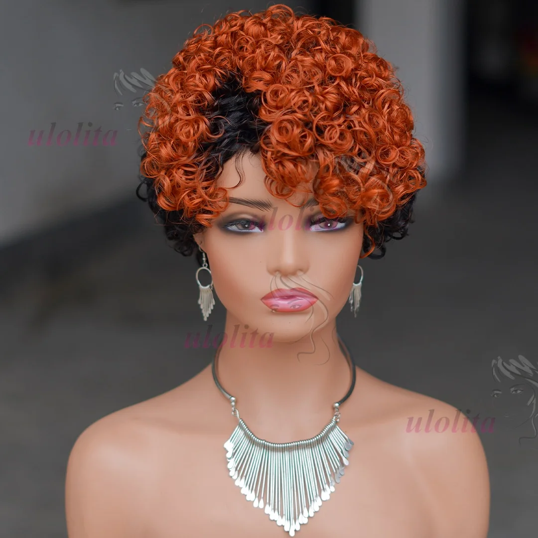 Pixie-Locken-Kurzhaarperücke aus Echthaar, maschinell gefertigt, für Frauen, kurze Perücke, Farbe 99J Burgunderrot, natürlicher Look, für den täglichen Gebrauch. – Detail 4