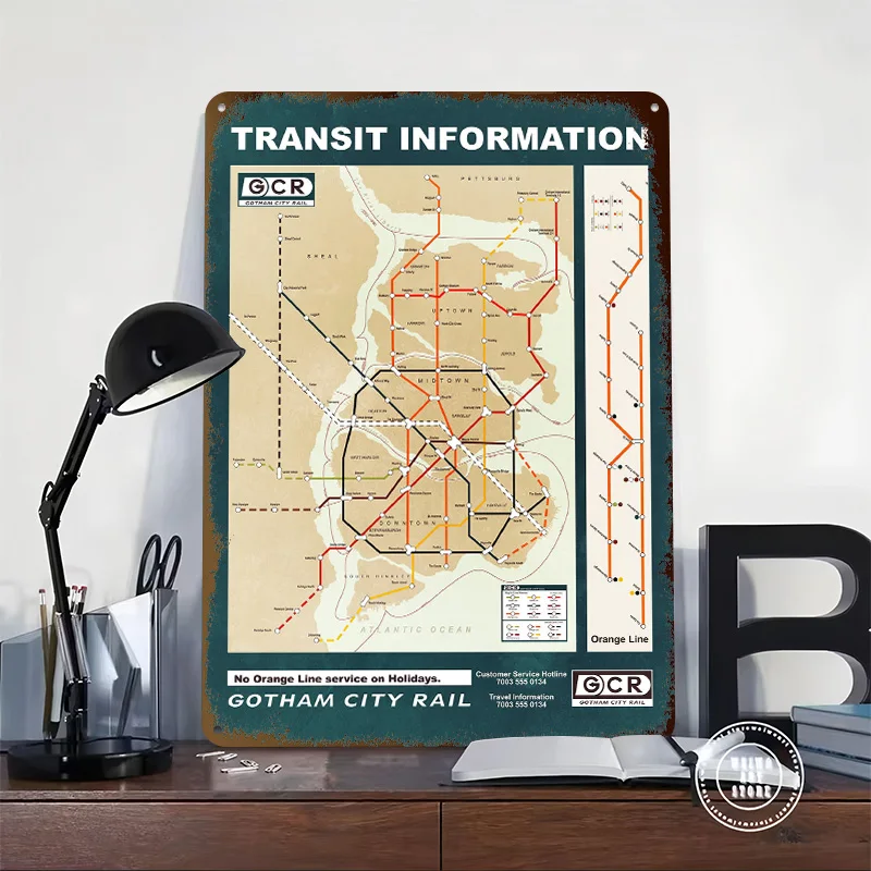 Gotham City Map Printed Poster Customized Wall Art Retro Vintage Metal Tin Signs for Room Office Decor Bedroom Decorations House