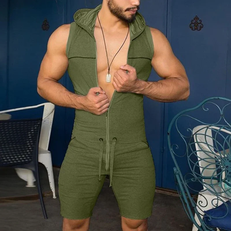Men's Sleeveless Hooded Jumpsuit Tight Zipper Rompers Casual Home Wear Tracksuit Short Pants Bodysuit Pajamas