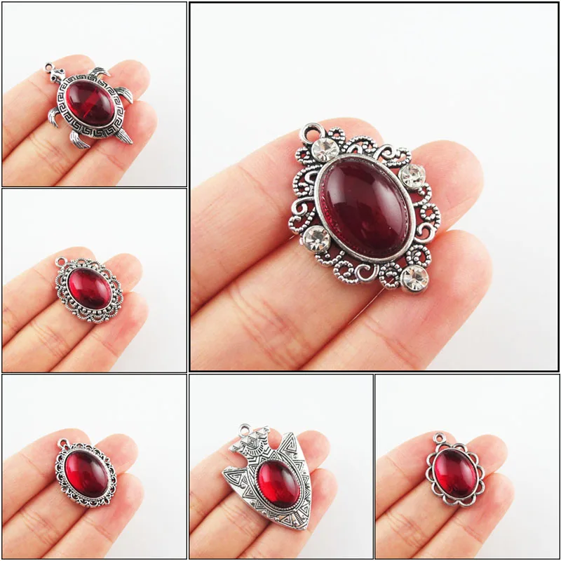 Fashion New Clover Shield Animal Tortoise Oval Charms 13x18mm Red Glaze Tibetan Silver Plated Pendants Retro