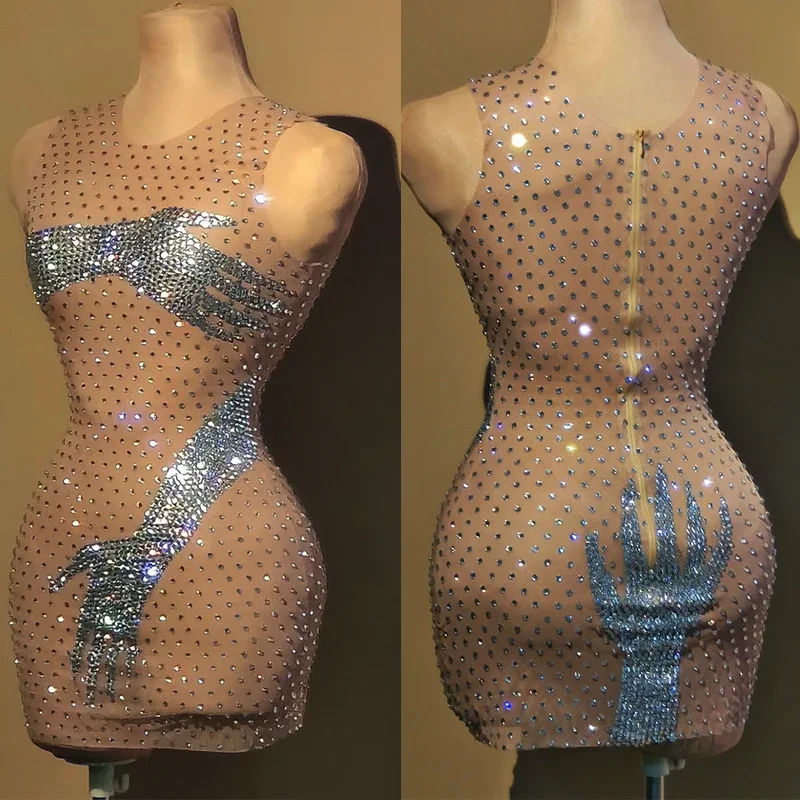 Strass brillants robe femmes robes de soirée Sexy pôle danse robe Gogo Costume Dj Ds scène Rave tenue Clubwear XS7367