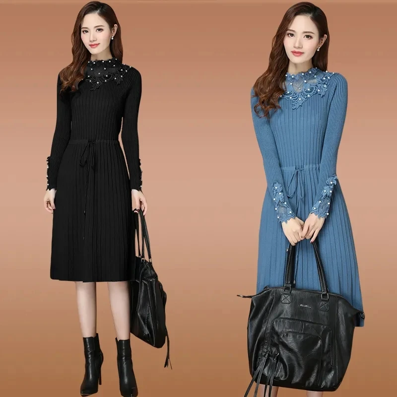 

Mother Bottoming Sweater Dress Women New Lace Knitted Dress 2024 Women's Autumn And Winter Temperament medium Long Dress