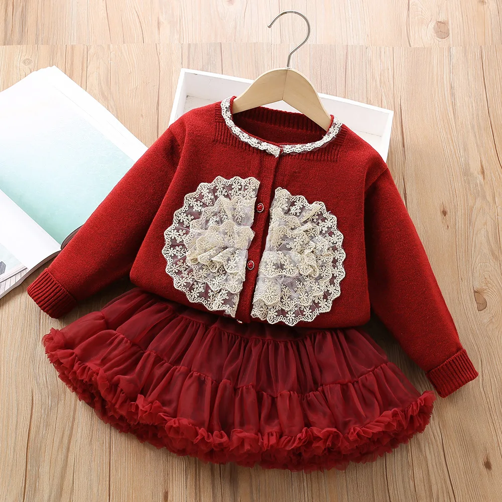 New toddler baby girl knitted set of red New Year clothing fashion foreign -witch knit sweater sweater+puffy skirt girl's Christ