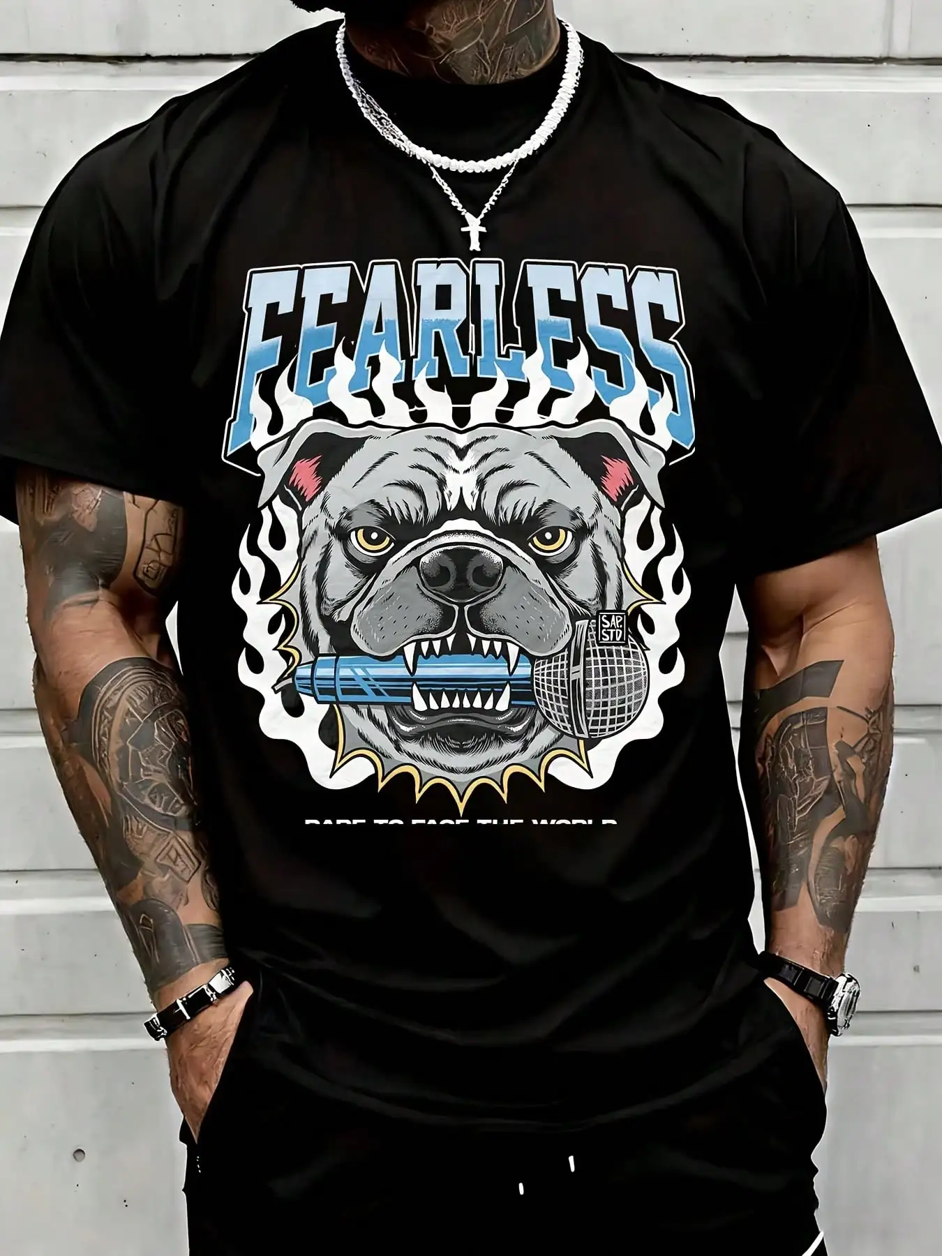 Fearless Bulldog Graphic Tee Men Streetwear Urban Style Casual Sports Wear