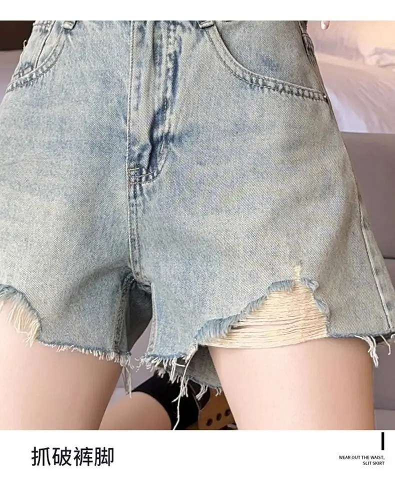 الرجعية غسل عالية الخصر الدنيم السراويل النساء ثقوب غير النظامية