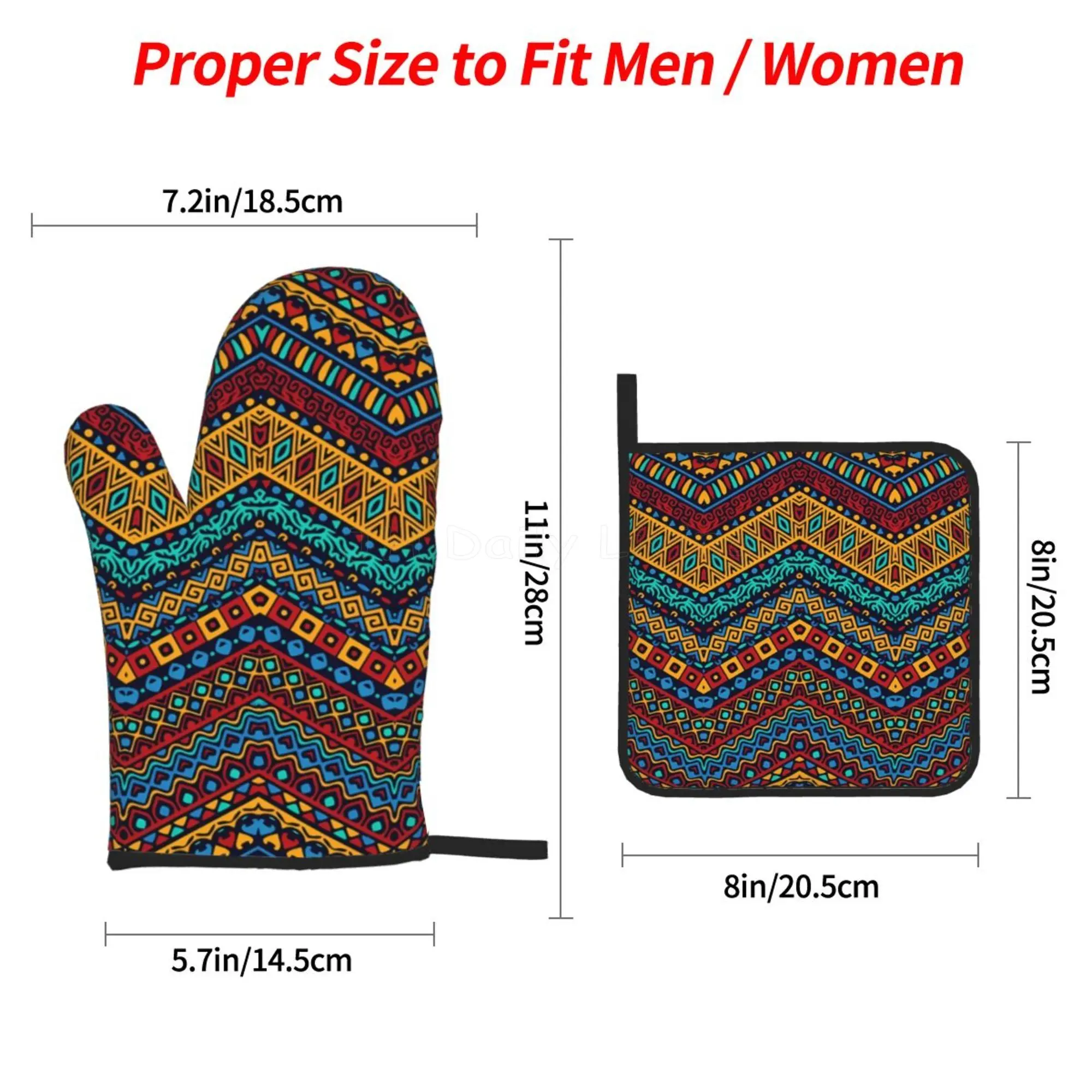 Boho Style Colorful African Ethnic Tribal Geometric Oven Mitts and Pot Holders Sets of 4 Non-Slip Heat Resistant Kitchen Gloves