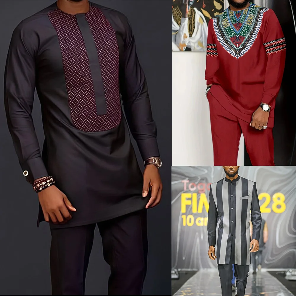 2024 Abaya Nuovo 2PC Set di pantaloni completi per vestire Dashiki Abito tradizionale africano O-Collo Abbigliamento di lusso da uomo Abiti eleganti