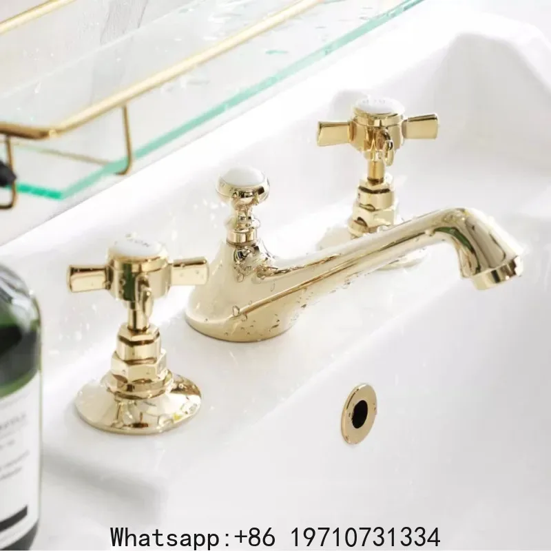 Grifo mezclador de lavabo estilo americano, grifo de lavabo de 8 pulgadas de ancho, grifo mezclador de lavabo de latón de tres orificios, grifo de lavabo con palanca cruzada dorada