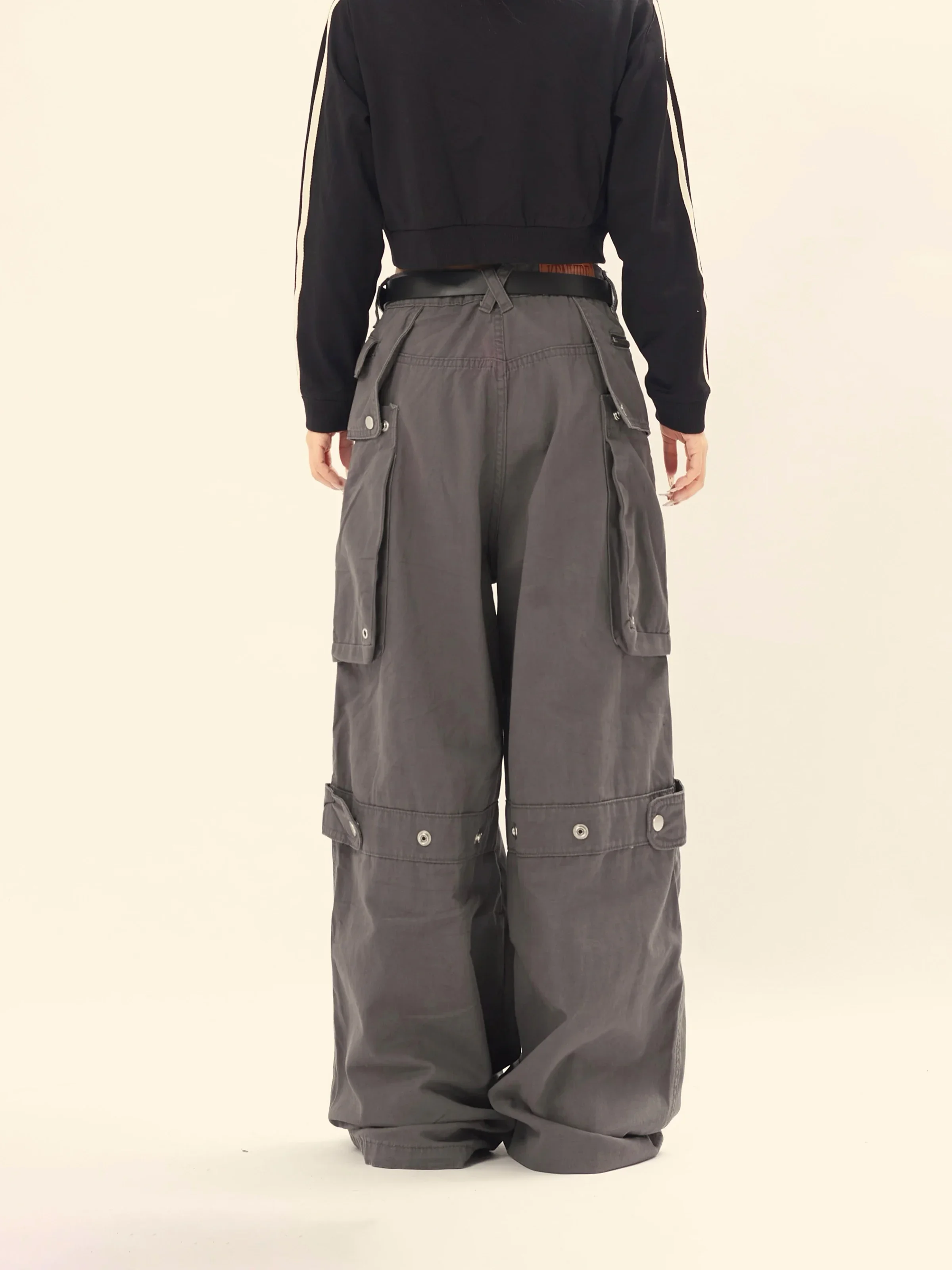 American Retro Gray Casual Work Pants for Women, Summer High Waisted Loose Straight Leg Wide Leg Pants