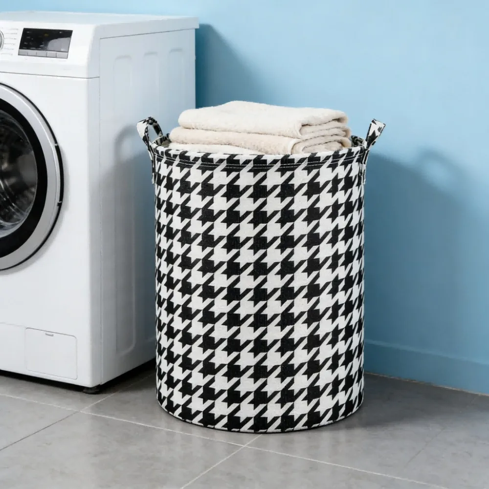 Houndstooth Laundry Basket Foldable Non Woven Fabric Clothes Hamper Large Storage Bin For Kids Toys Blankets Bathroom Organizer