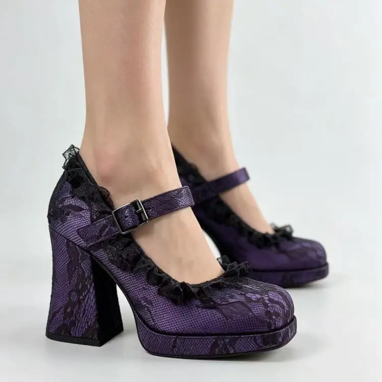 Punk Style Pointed Toe Black Rivets Platform Women Marry Jane Shoes Chunky High Heels Buckle Strap Design Large Size Pumps Shoes