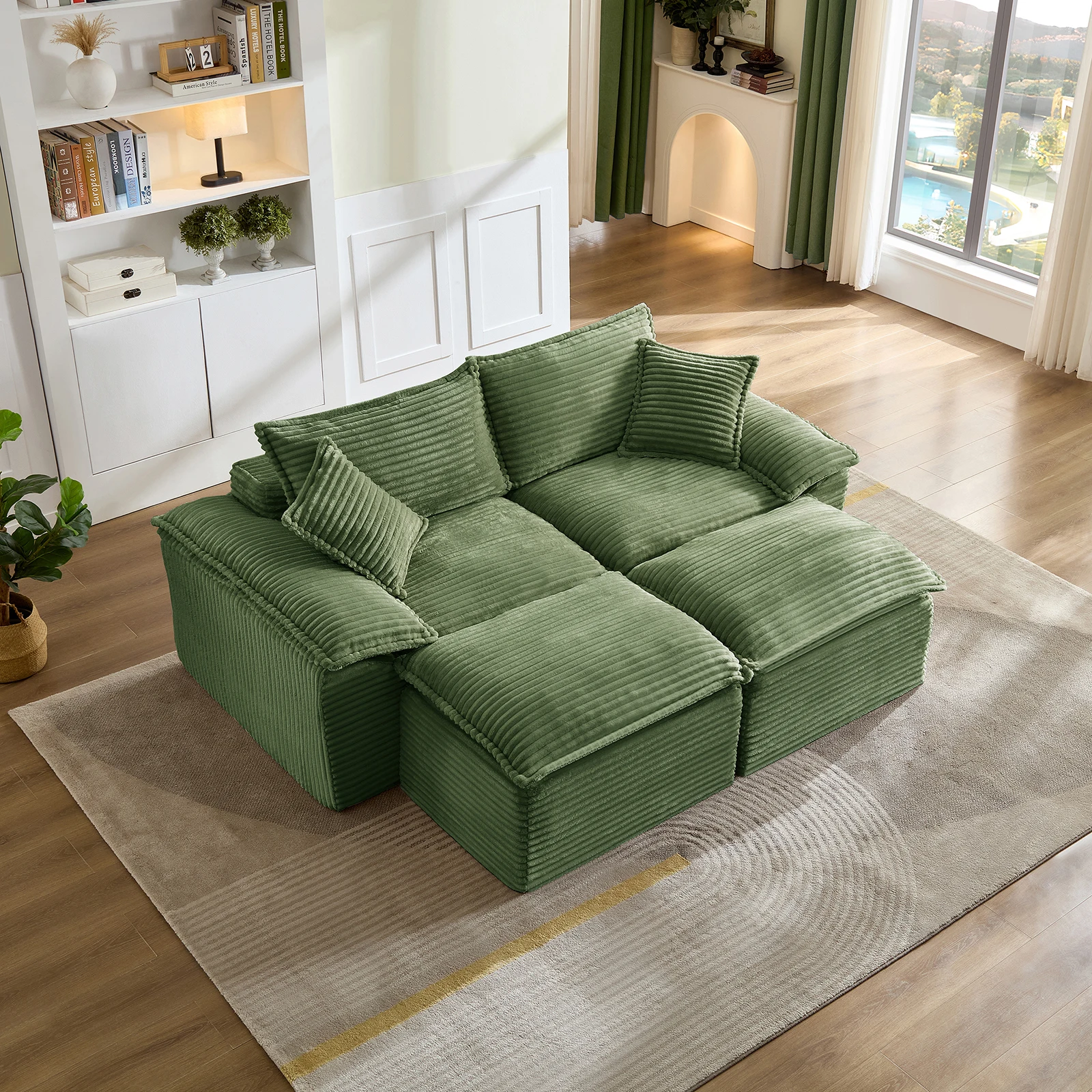 Canapé d'angle modulaire pour salon, canapé en velours côtelé vert olive avec chaise longue, mousse à mémoire de forme, non assemblé, support ergonomique, 206 × 158 cm